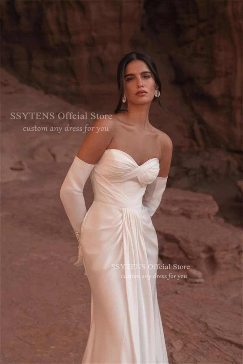 SSYTENS Elegante weiße trägerlose Brautkleider, ärmellos, mit Reißverschluss hinten, Strand-Brautkleid 2026, bodenlange Meerjungfrau-Brautkleider