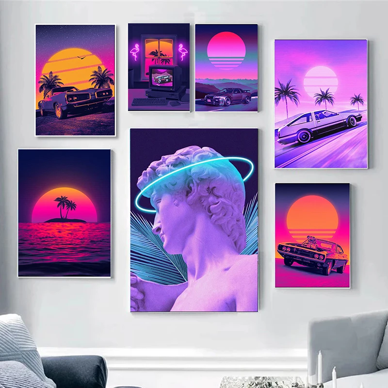 80s Outrun Vaporwave Style Canvas Painting City Night Car House Sunset Posters Print Wall Art for Living Room Wall Decor Cuadros