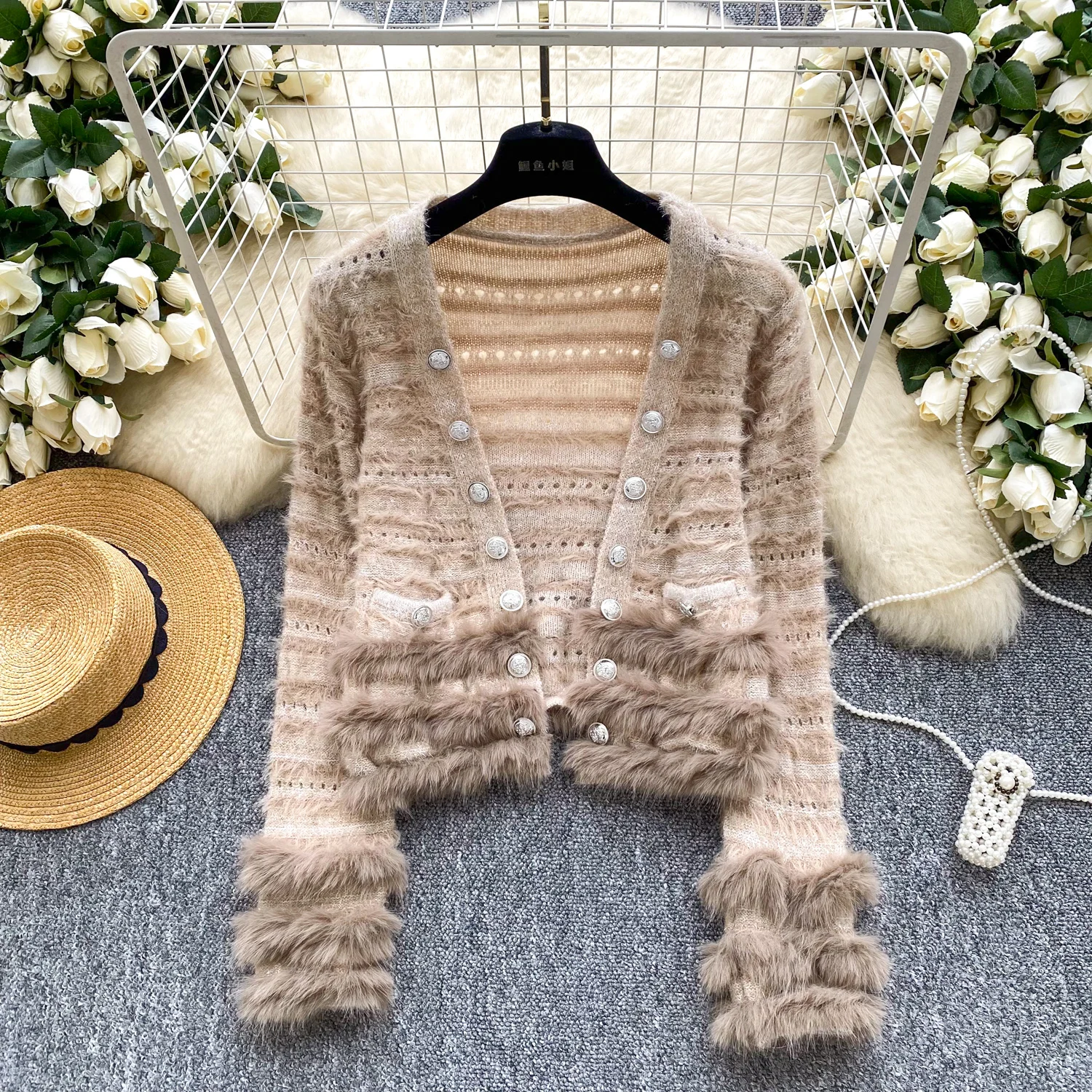 

chic vintage V-neck Knit loose solid long sleeve korean fashion blouse cardigan autumn women clothing