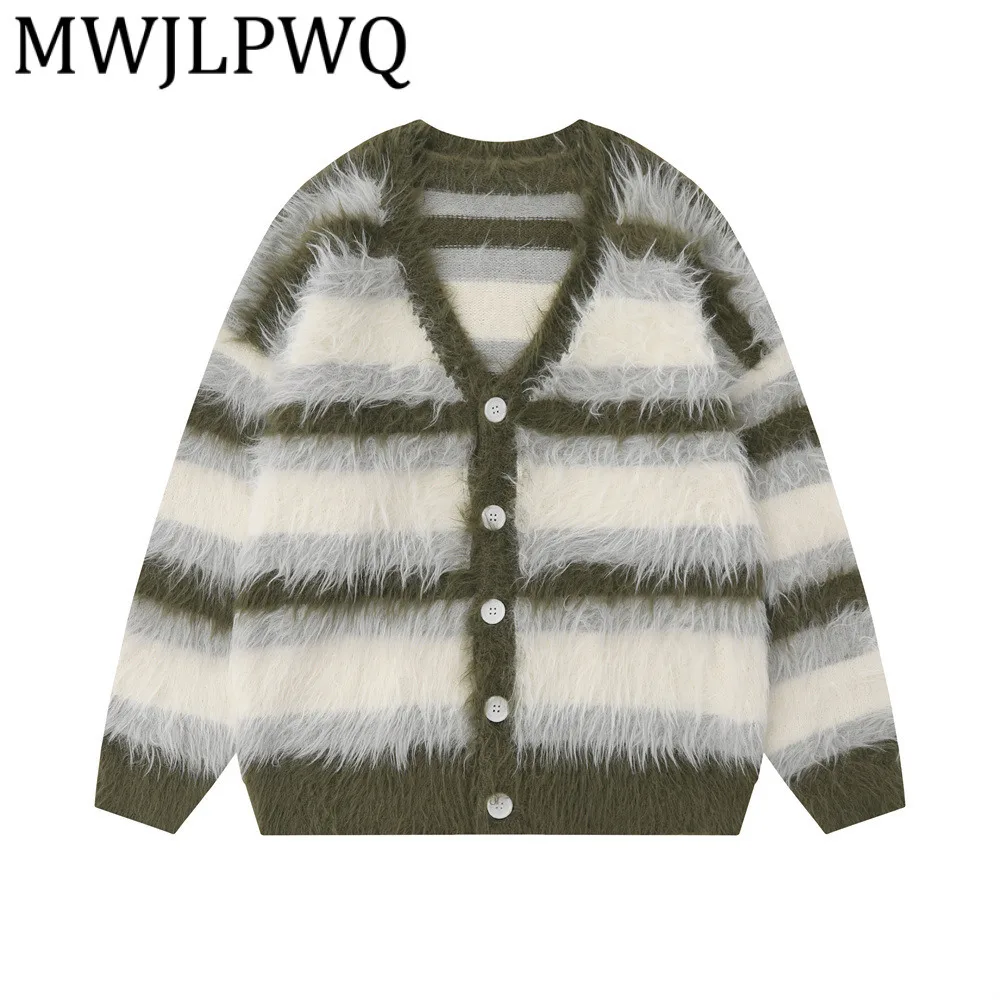 

MWJLPWQ Striped Fleece V-Neck Men's Sweater High Street Autumn Winter Loose Casual Pullover Knitwear Men's Ins Tide Autumn 12328