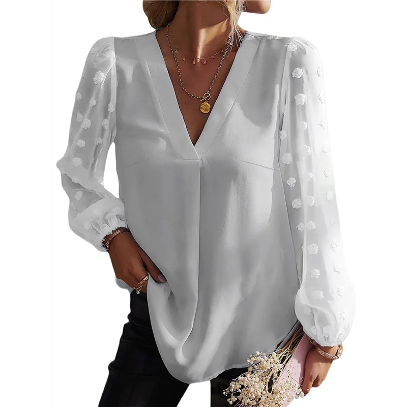 

A09P Women's Casual Summer Blouses, Long Sleeve Business Blouses, Button Down V-Neck Chiffon Pom Pom Blouses