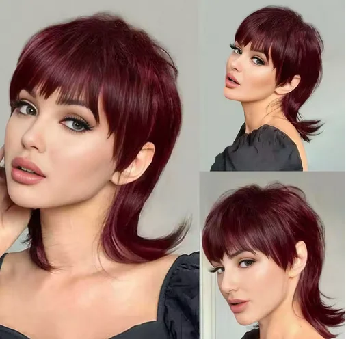 Wig for Women Short Wine Red Wig with Short Layered Mullet Wigs Ombre Burgundy Pixie Synthetic Wig Heat Resistant Wig