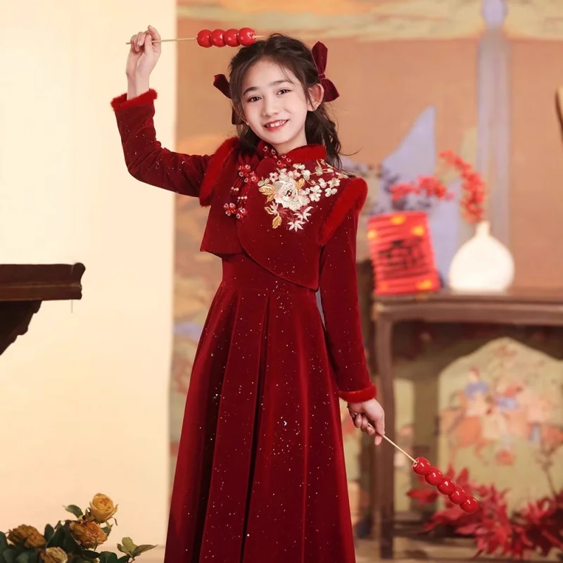 

Girls' Cheongsam Dress Host Princess Dress Performance Costume Chinese Style Autumn Winter Children's Festive New Year Greeting