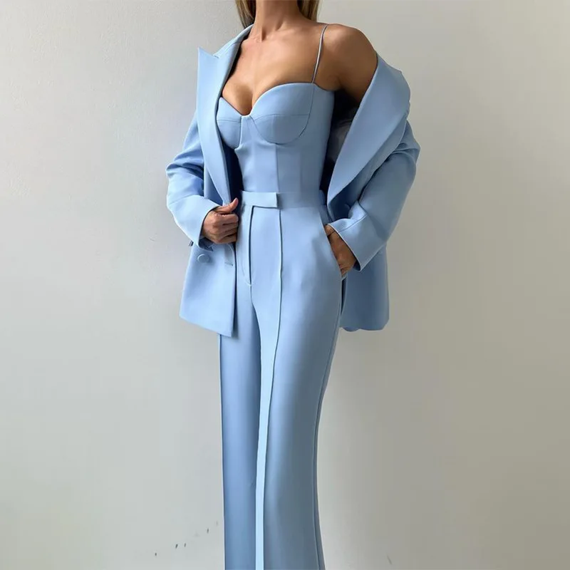 

Women Outfit 2026 Spring New Temperament Commuting Spaghetti Strap Crop Top & High Waist Pants Set With Long Sleeve Blazer 3Pcs
