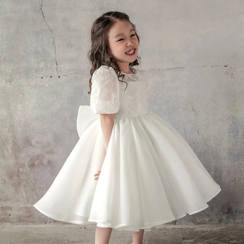 

2024 White Lace Dress for Kids Girl Princess Bridesmaids Dresses for Weddings Children Elegant Ball Gown for Christening Baptism