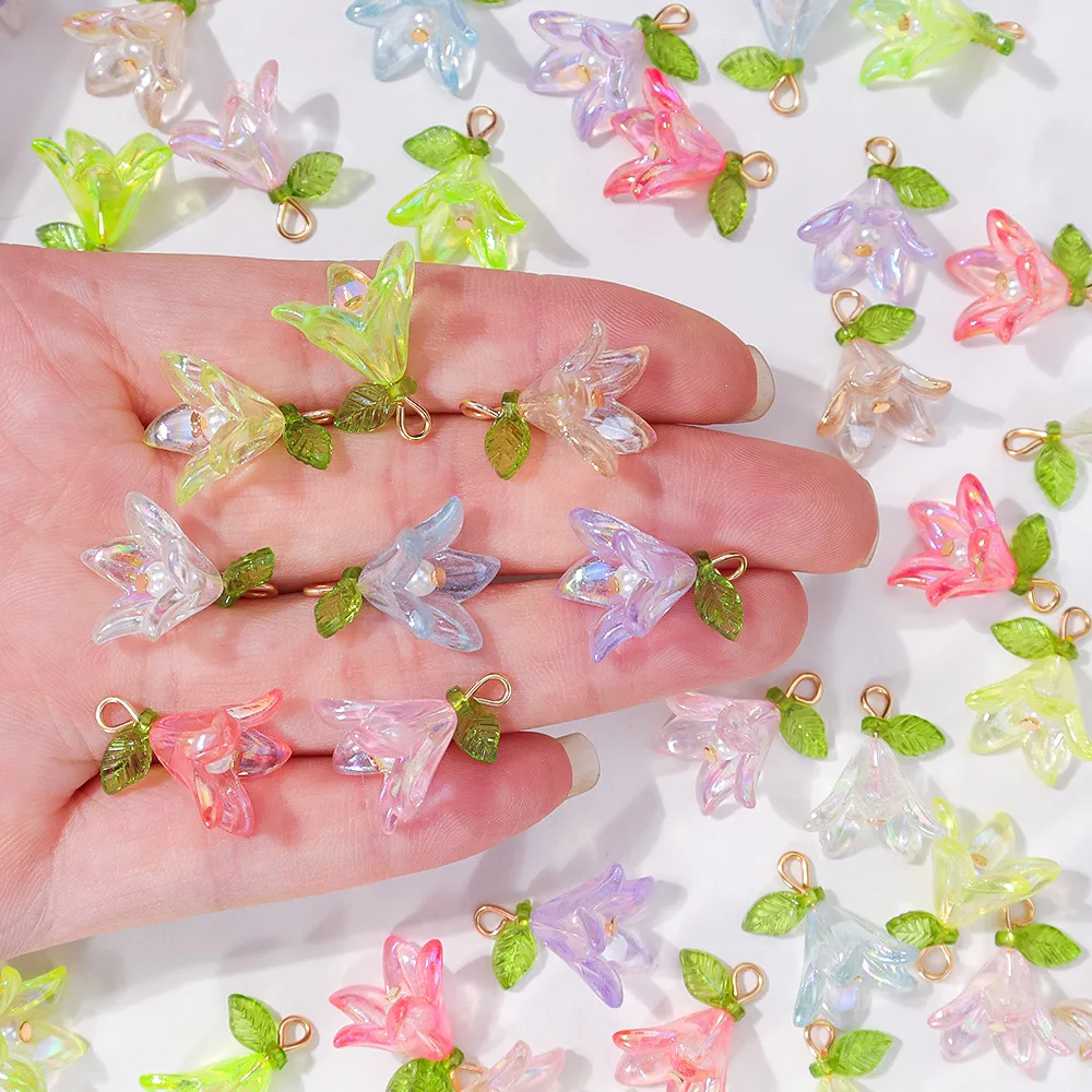20pcs Cute Pearl Lily Flowers Pendant Green Leaf Flower For DIY Jewelry Making Accessories Handmade Earring Necklace Bracelet image 5