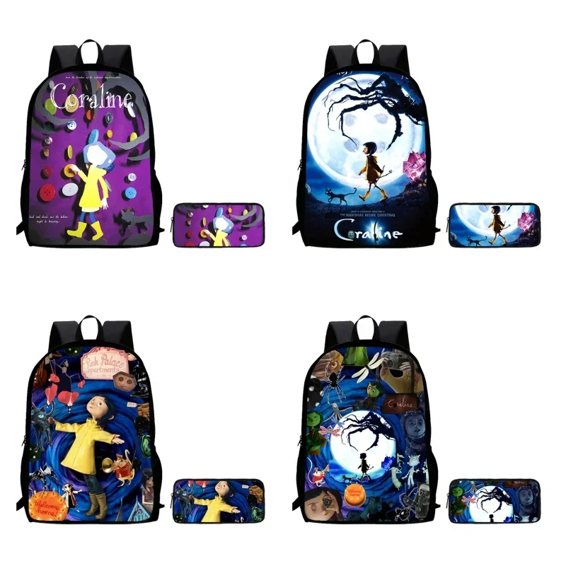 2-teiliges Set Cartoon-Coraline-Kindertaschen mit Bleistiftbeuteln, Schultaschen, Bleistiftbeutel für Jungen und Mädchen, langlebige Kindertasche für den Kindergarten