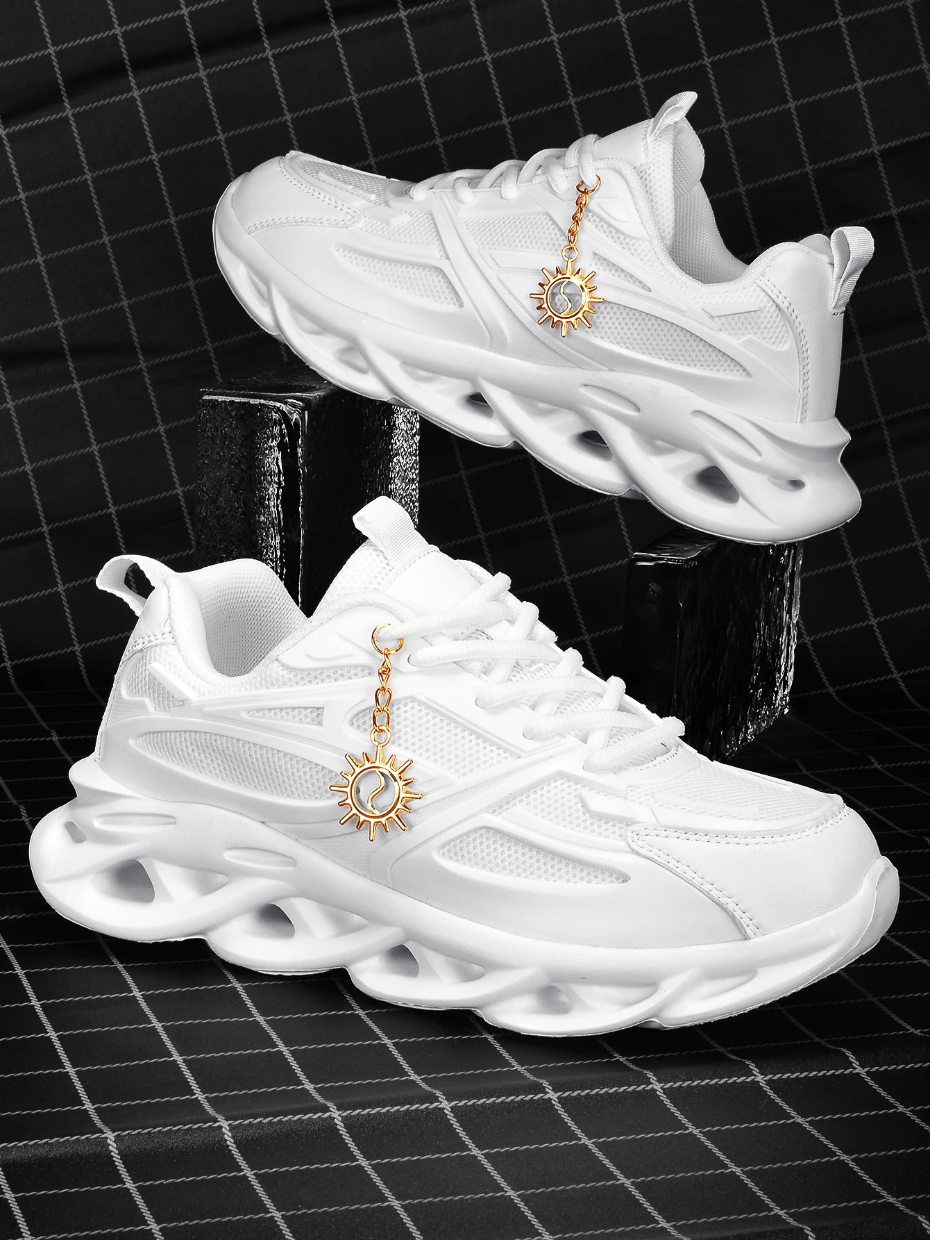 Women's Thick-Soled 5cm Height-Increasing Dad Shoes, Sweet and Cool Y2K Retro Style, Gold Sunflower Metal Decoration, Breathable Mesh, Eva Irregular Sole, White Casual Shoes, Trendy for Everyday Wear, Unique Design, Sweet and Cool Style, Student-Friendly, Versatile, Soft-Soled, Lightweight, Comfortable Sports Shoes for Women - view 3
