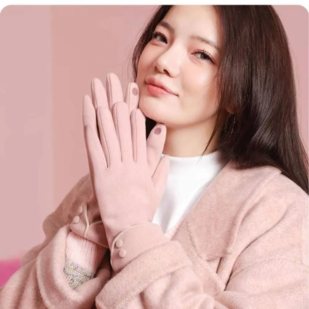 

Simple Thickened Women Suede Gloves Full Finger Windproof Touch Screen Gloves Keep Warm Plush Winter Mittens Driving