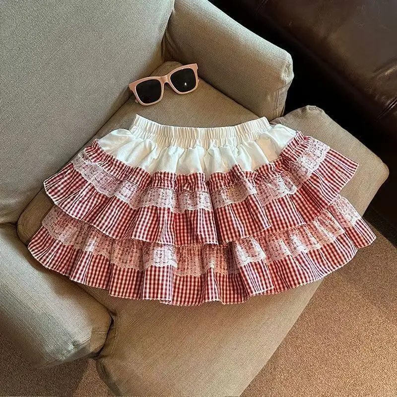 Mini Skirts Women Sweet Lace Plaid Vintage Stretch High Waist Y2k Aesthetic Puffy Layered Cake Skirt Ladies Casual