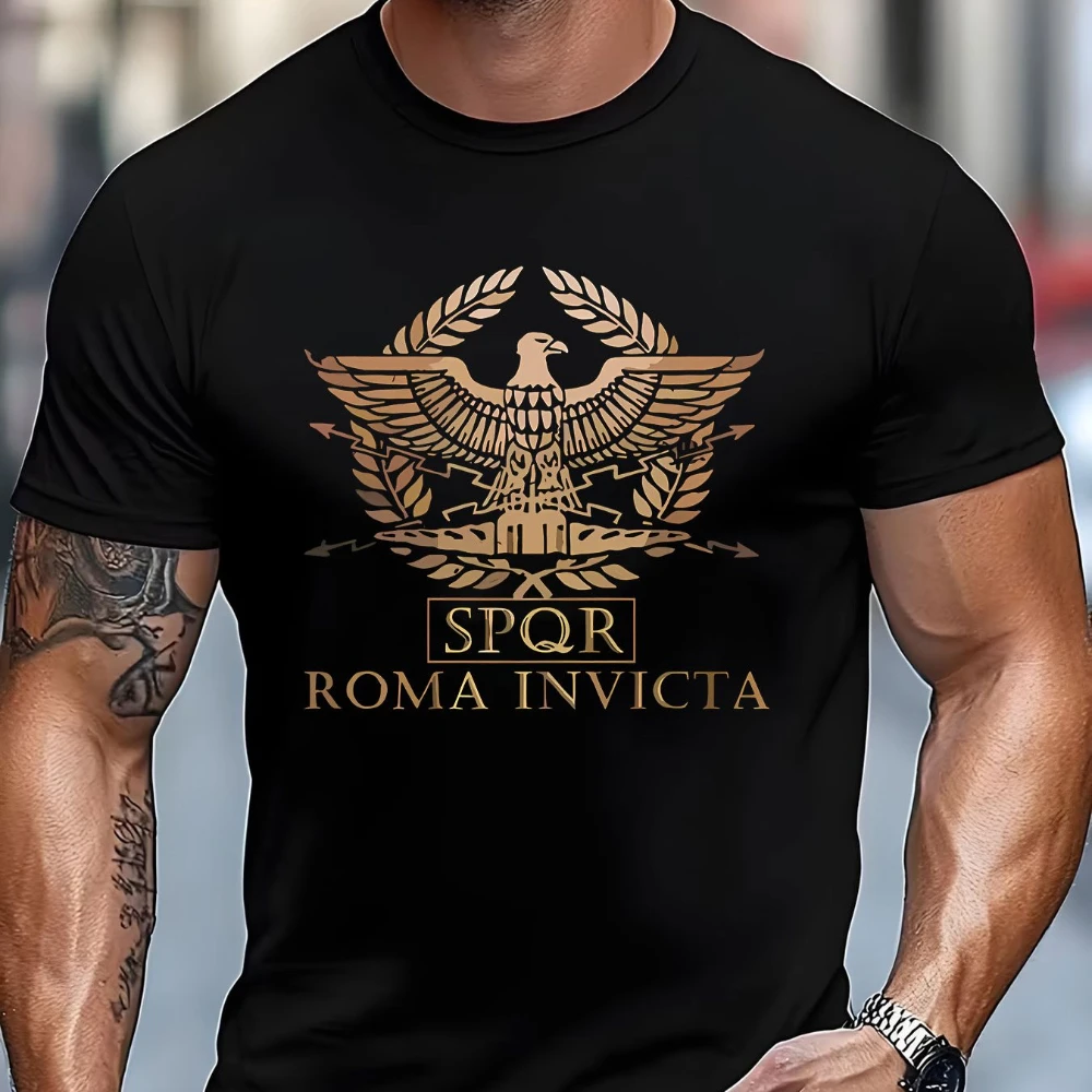 Roman Empire Eagle Emblem Print Blended Cotton Short Sleeve Vintage T-Shirt Historical Enthusiast Top Gift for Trendsetters