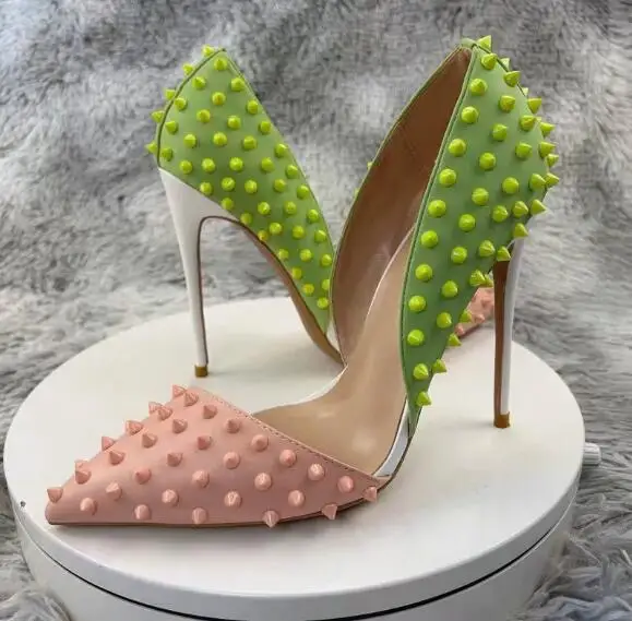 

Pink Green Patchwork Matte Leather Rivets Studs Half Cut Pumps Women Sexy Pointed Toe Hollow Stiletto High Heel Party Shoes Lady