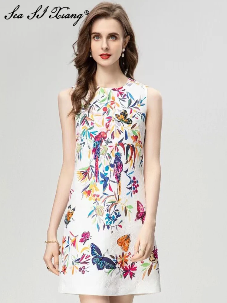 

Seasixiang Fashion Designer Summer Jacquard Dress Women's O-Neck Sleeveless Beading Flower Print Vintage Mini Dresses