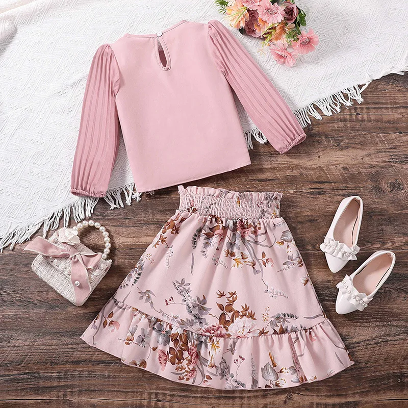 2023 New Girls Dress Long Sleeve O Neck Ruffles Print Floral Pink Skirts Cute Designer Girls Princess Dress Vestido 4-7T