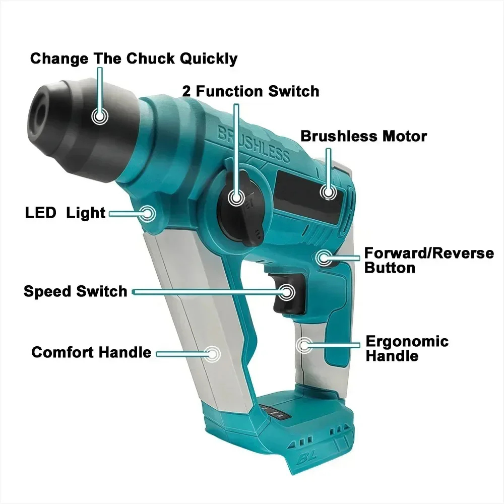 20MM Brushless Electric Rotary Hammer Cordless Hammer Drill Home Repair Power Tool for Makita 18V Battery(No Battery)