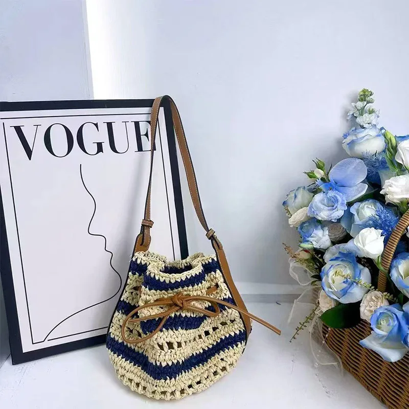 

French Hollow Woven Shoulderbag Striped Handwoven Contrast Color Handbag Fashion Bow Decorate Casual Minimalist Bucketbag Women