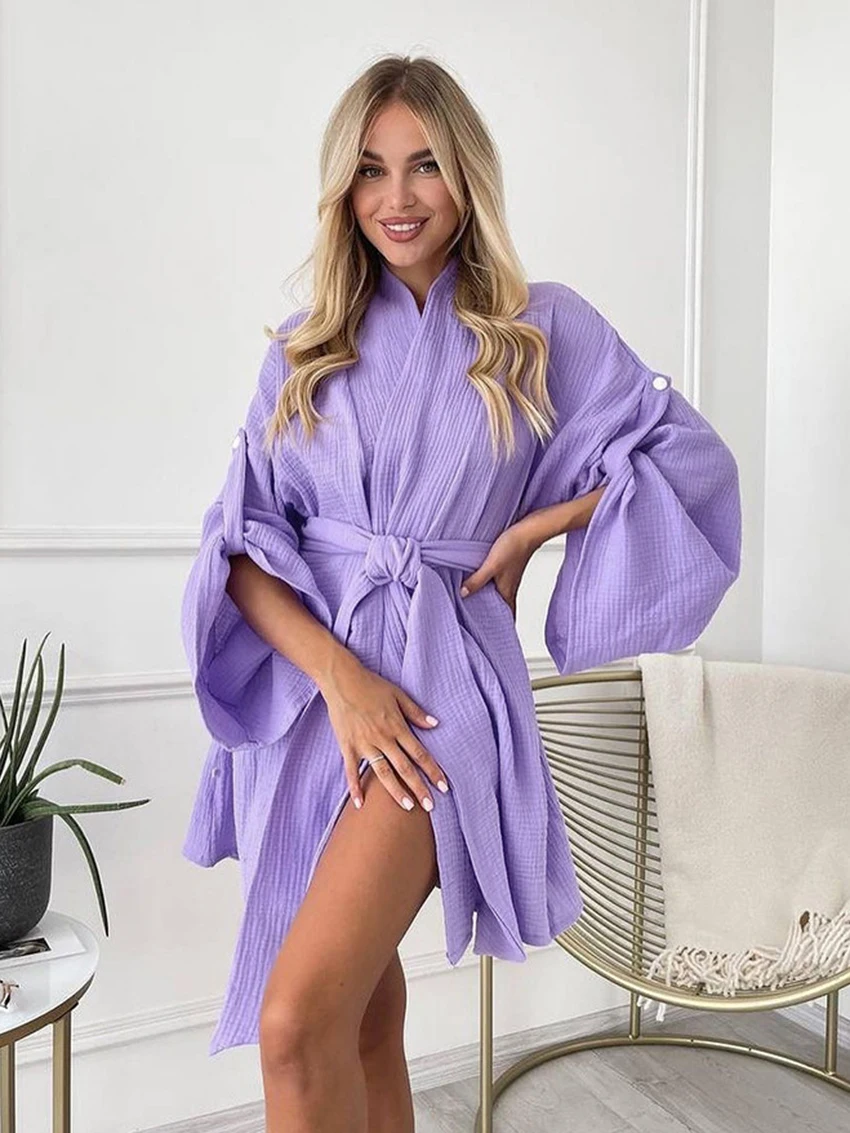 Marthaqiqi Cotton Women Robe Sexy V-Neck Pajamas Lace Up Bathrobe Long Sleeve Nightgowns Mini Dress 2023 New Femme Home Clothes