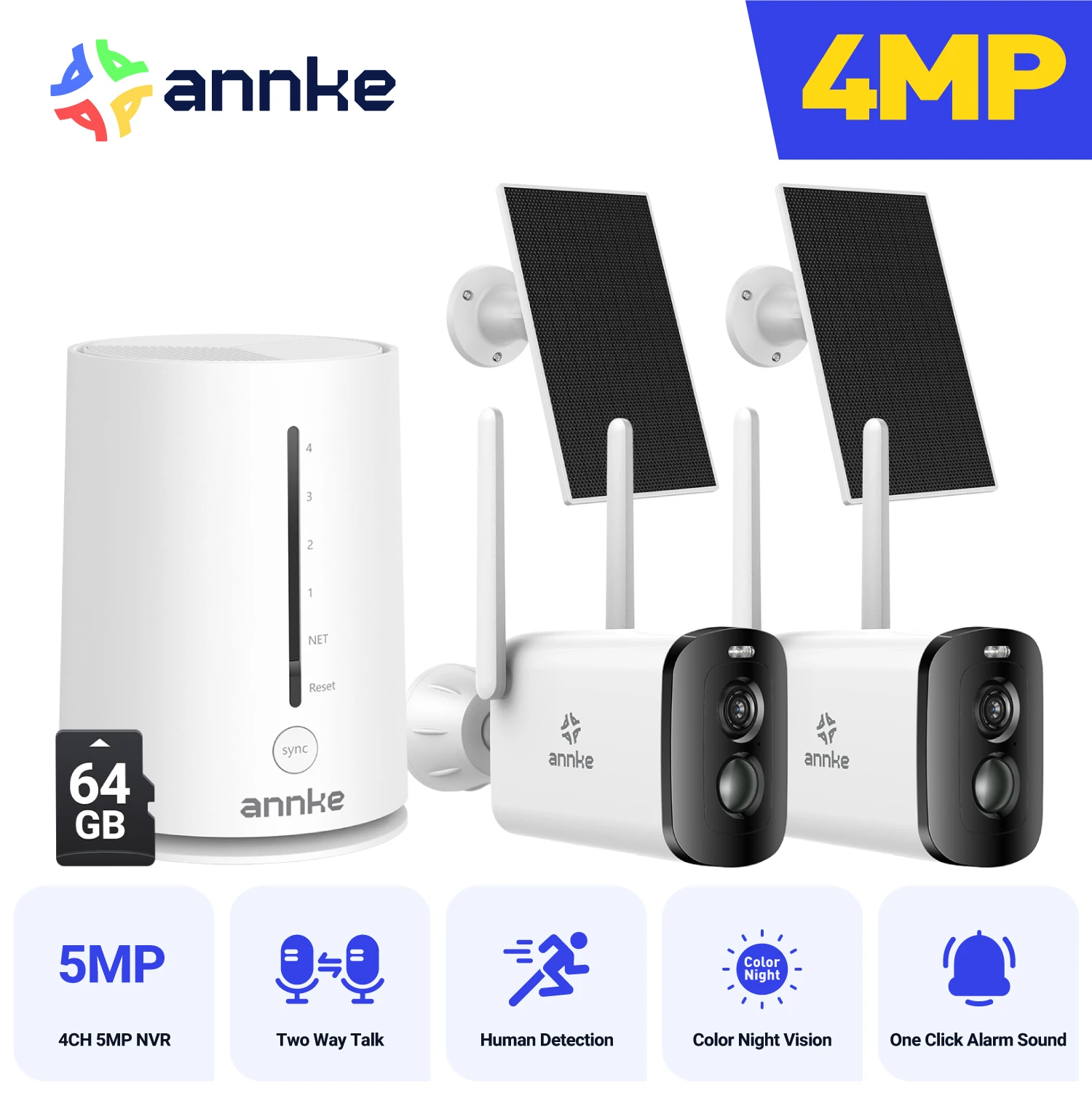 

Annke 4MP solar security cameras 4CH Wireless NVR 4mm color night vision camera battery Audio 2.4G 5.8G dual-band WIFI Camera