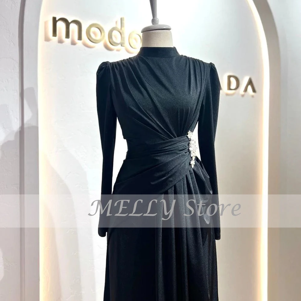 Formal Black Evening Dresses 2023 Muslim High Neck Full Sleeves Prom Gowns Empire Satin Straight Floor Length Robe De Soirée