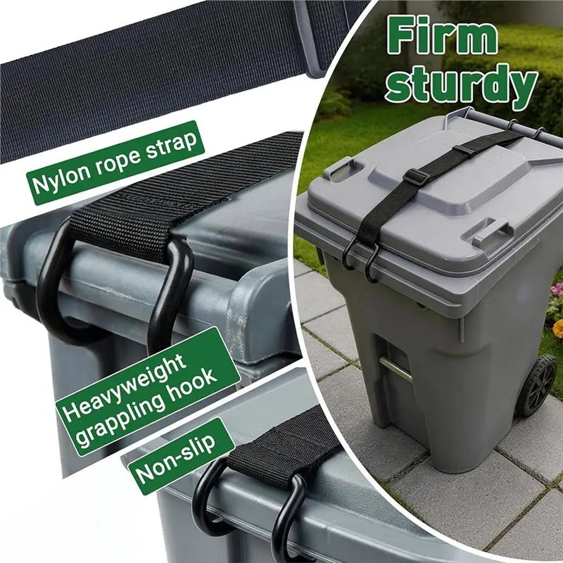 Windproof Trash Can Lock Strap 2 Pieces Adjustable Heavy Duty Metal Hook 5X90cm Size Prevents Animals From Opening Trash