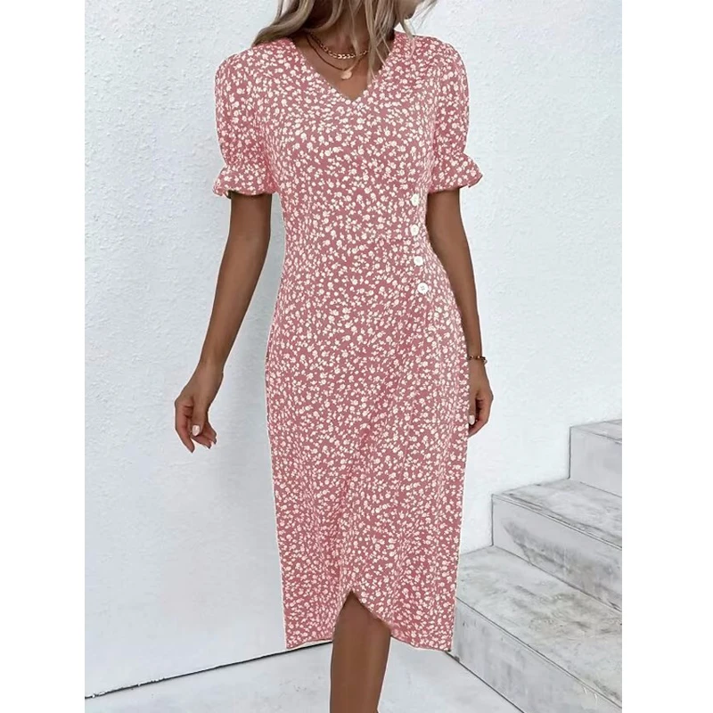 Ruched Button Irregular Elegant Party Dresses for Women Summer Fashion Floral Print V Neck Short Sleeve Slim Midi Dress Vestidos