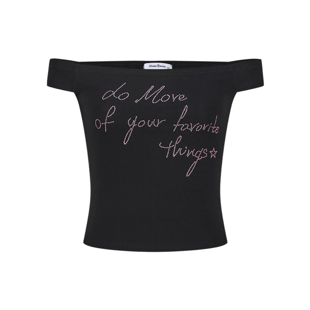 

Retro Ins Off Shoulder Crop Top Slim Fit Sweet Rhinestone T-shirt Female Clothing Bottoming Shirt Women Beachwear