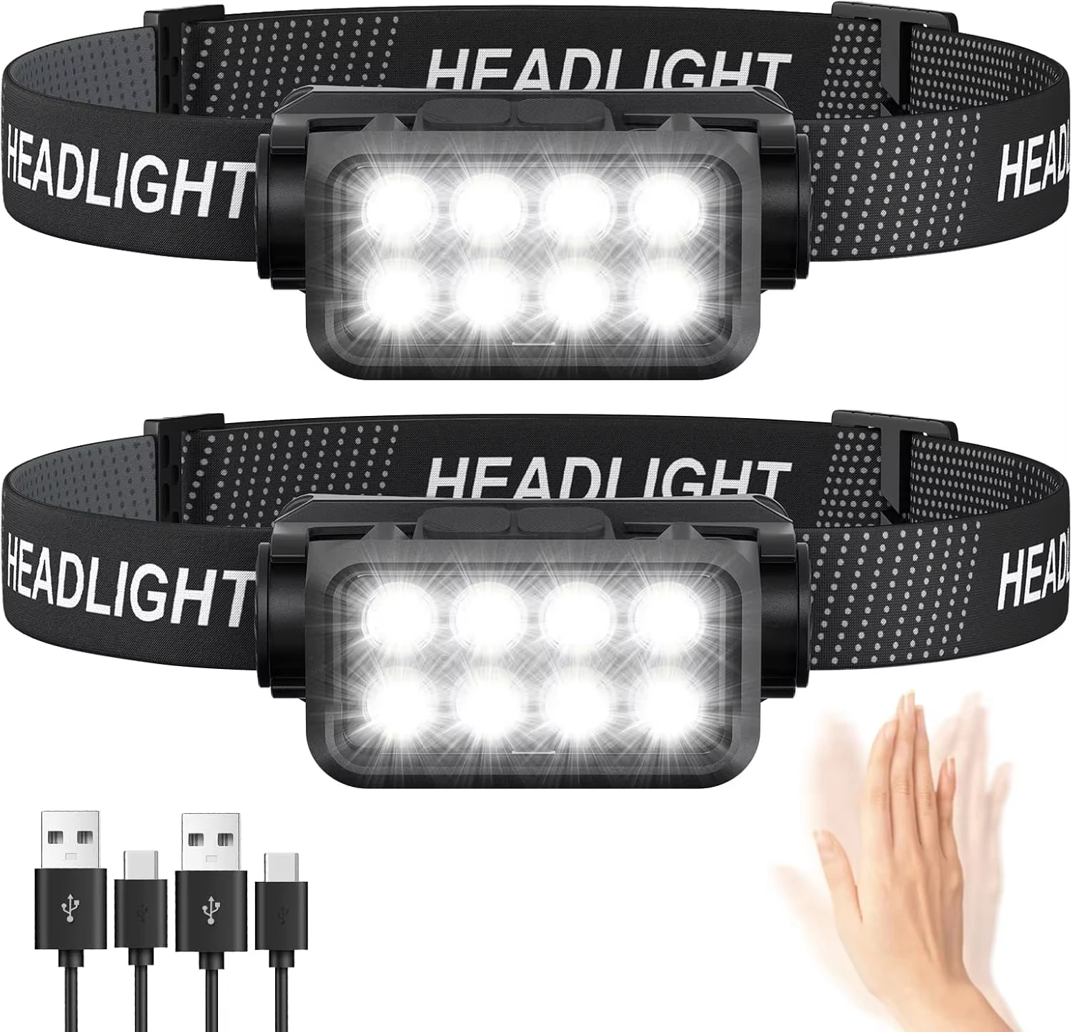 Motion Sensor Rechargeable Outdoor Headlamp 8 LED Ultra Bright Headlights Fishing Headlamp 5 Light Modes Flashlighs