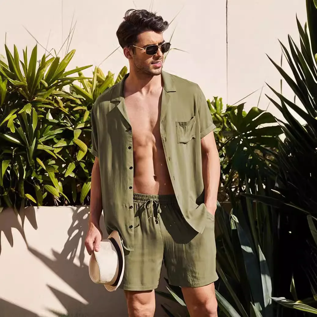 

Men's Cotton Linen Short Sleeve Shirt Set Casual Loose Fit Summer Breathable Sweat Absorbent Citywalk Standard Fit Cleanfit