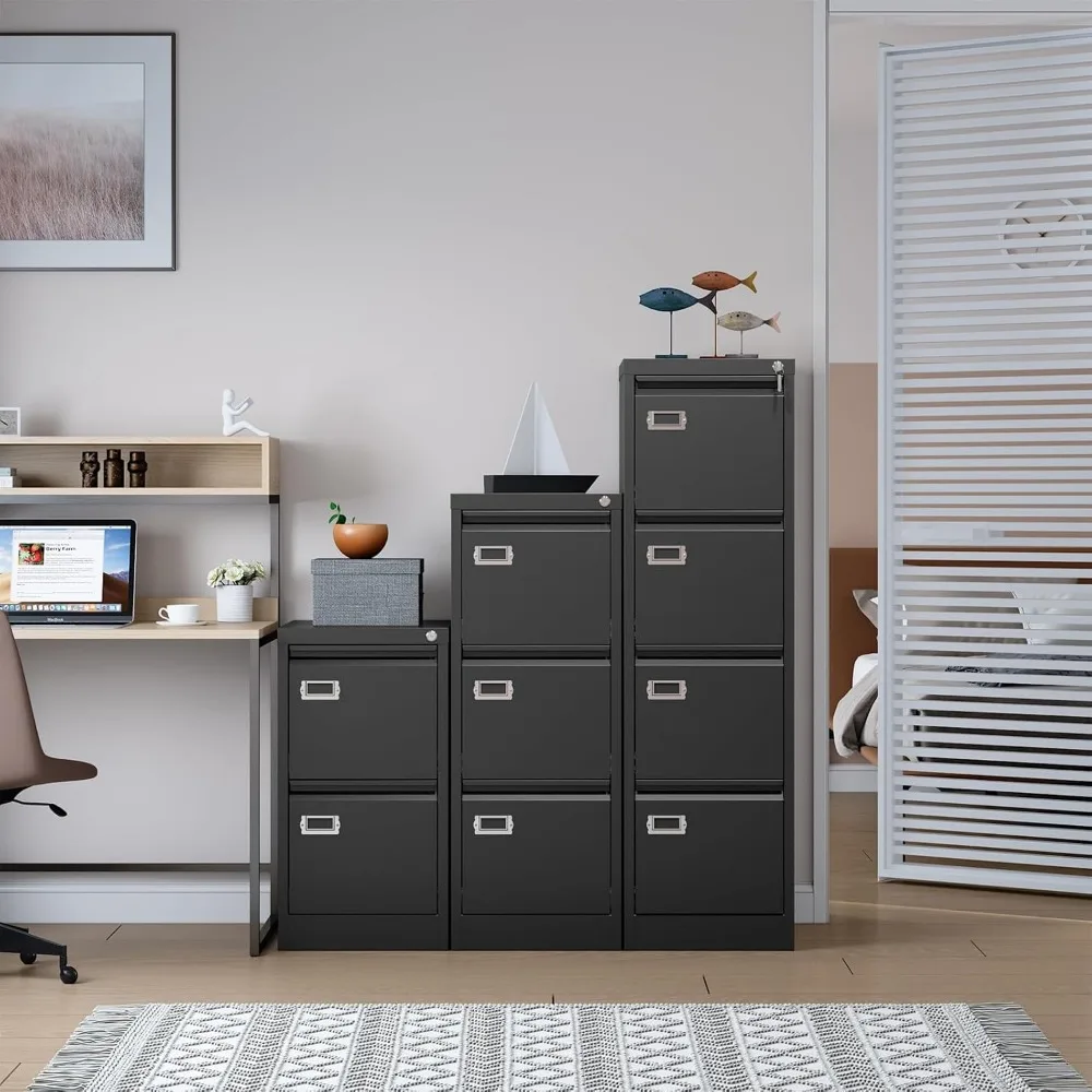 Narrow Vertical Three-Drawer Metal File Cabinet with Lock, Secure Storage for Small Black Filing Needs