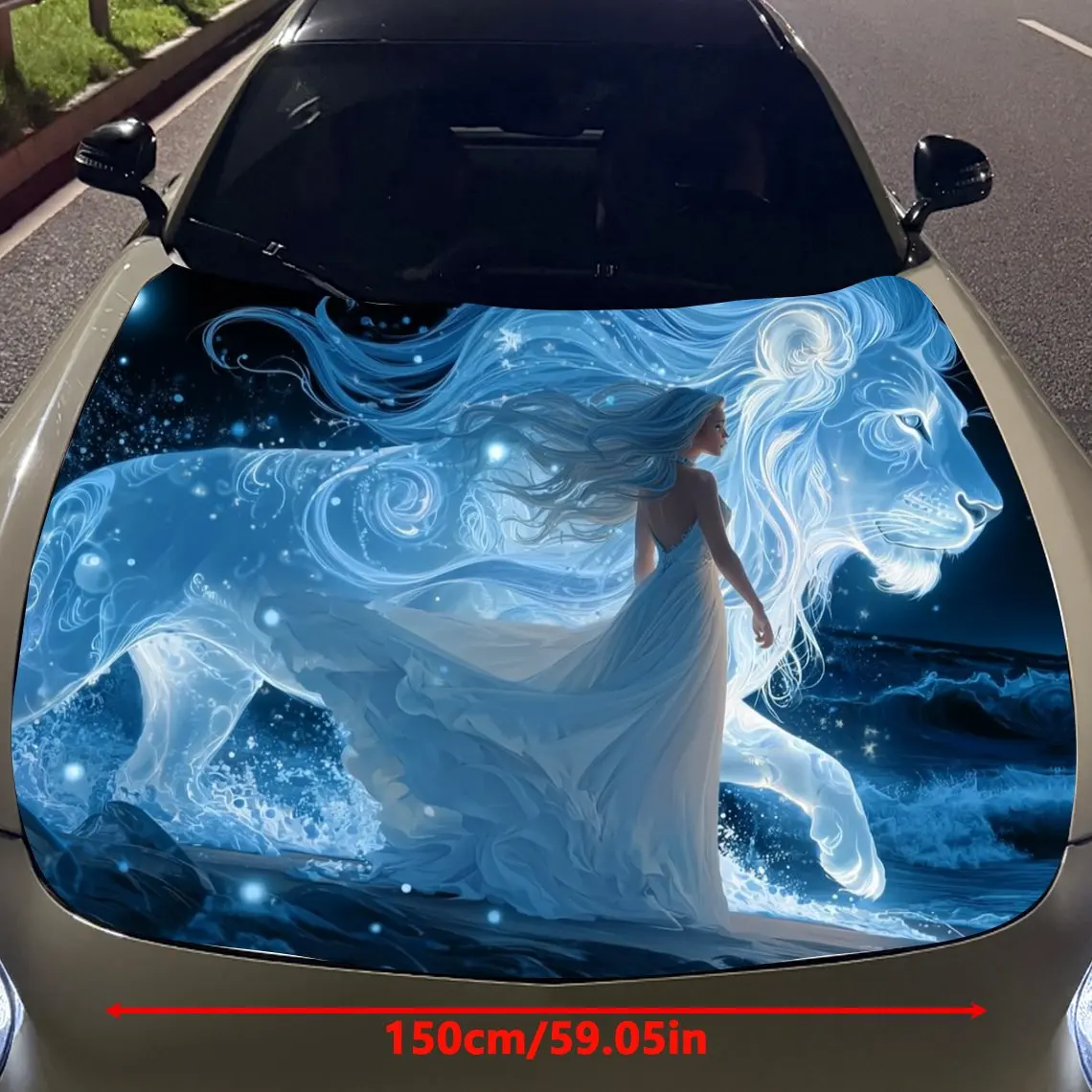 Phantom Blue Lion and Woman in White Car Vinyl Wrap, PVC Material Waterproof Car Hood Sticker, Self-Adhesive Scratch-Resistant S