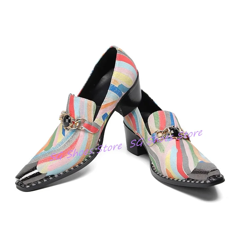 

Fashion Male Business Formal Dress Shoes Metal Pointed Toe Chunky Heel Loafers Mixed Color Striped Leather Shoes for Men
