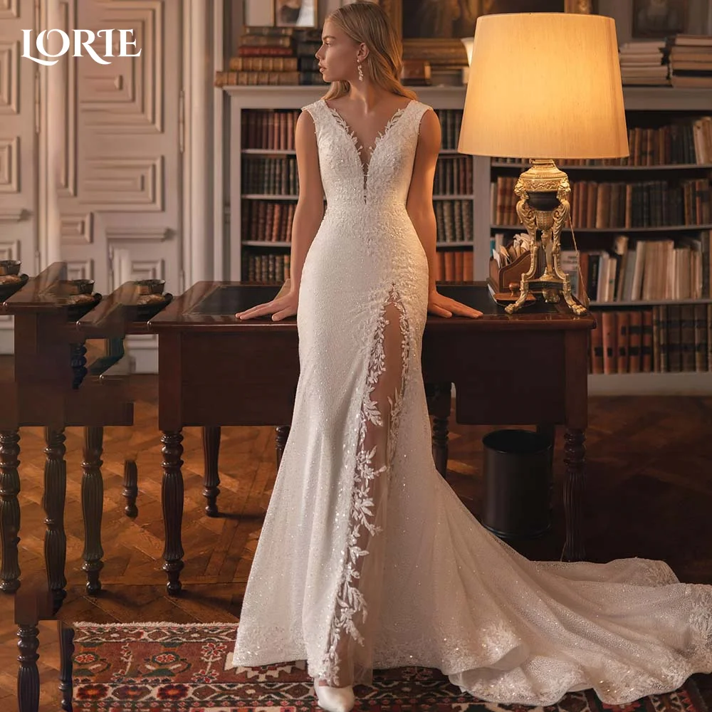 

LORIE Simple Mermaid Wedding Dresses 2024 V Neck Solid lace Appliques Bridal Gown with High Slit Boho Bride Dress robe de mariée