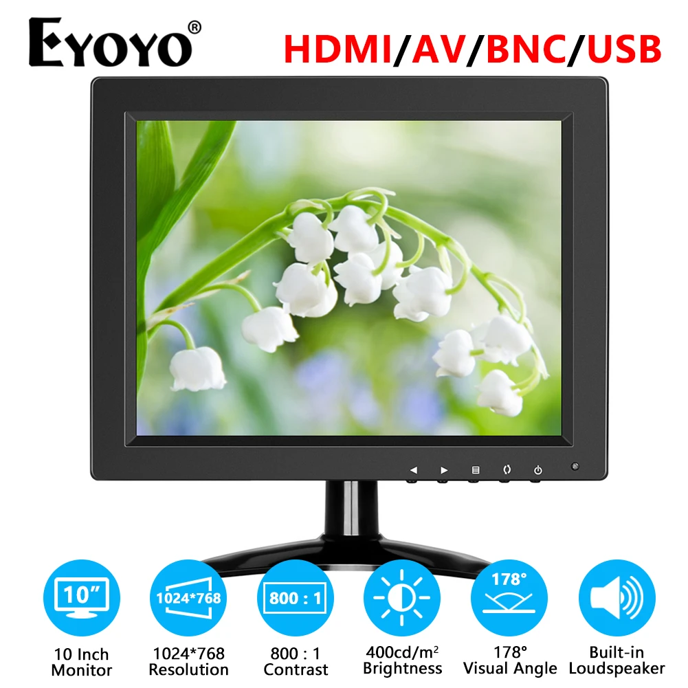 Eyoyo EM10O 10-inch Small Desktop Monitor HD 1024x768 Ratio 4:3 60Hz 400cd/m² For Computer/CCTV/TV-Box. HDMI/VGA/AV/BNC/USB Port