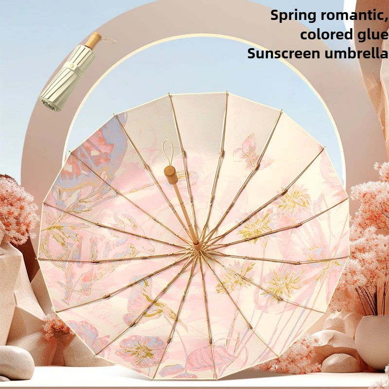 

Трехкратный 16-костный зонтик с ручкой из цельного дерева, цветной клей, солнцезащитный крем, защита от ультрафиолета, зонтик от солнца, открытый вручную зонт, усовершенствованный смысл