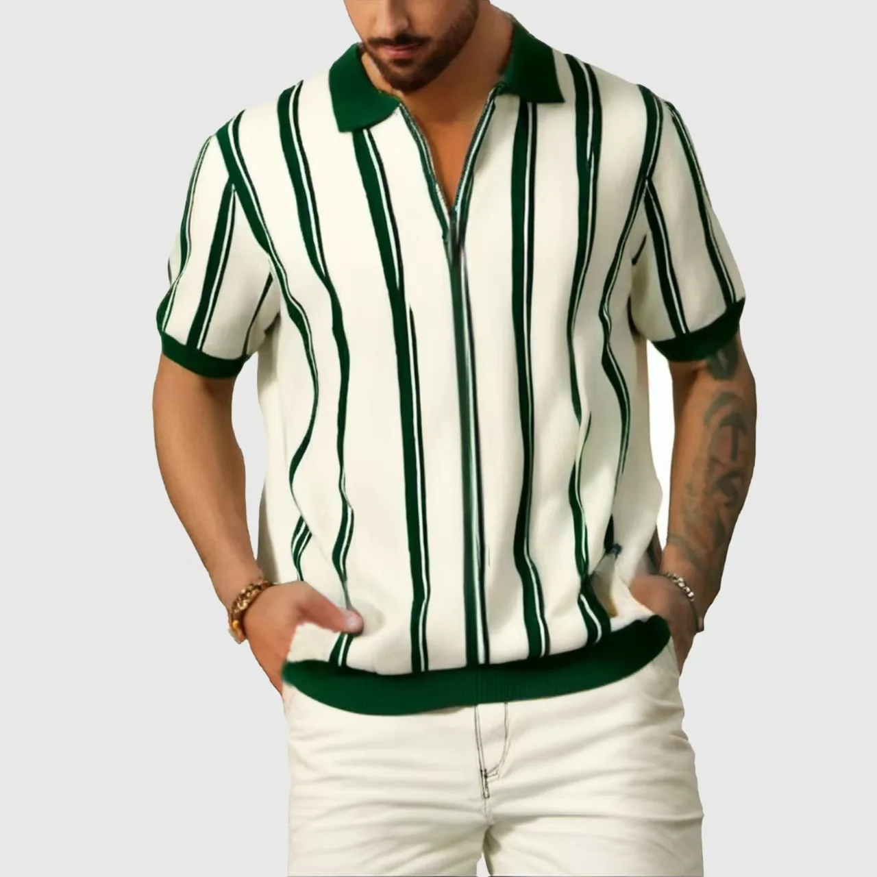 Summer New Men's Knitting Short Sleeve Tees Shirt Men Zipper Clothing Striped Patchwork Color Tops Knit Polos Shirts For Male