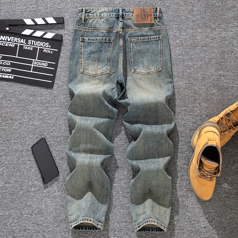 Jeans larghi a gamba dritta da uomo, toppa retrò invecchiata, stampa di orsacchiotti ricamati, pantaloni alla moda coreani