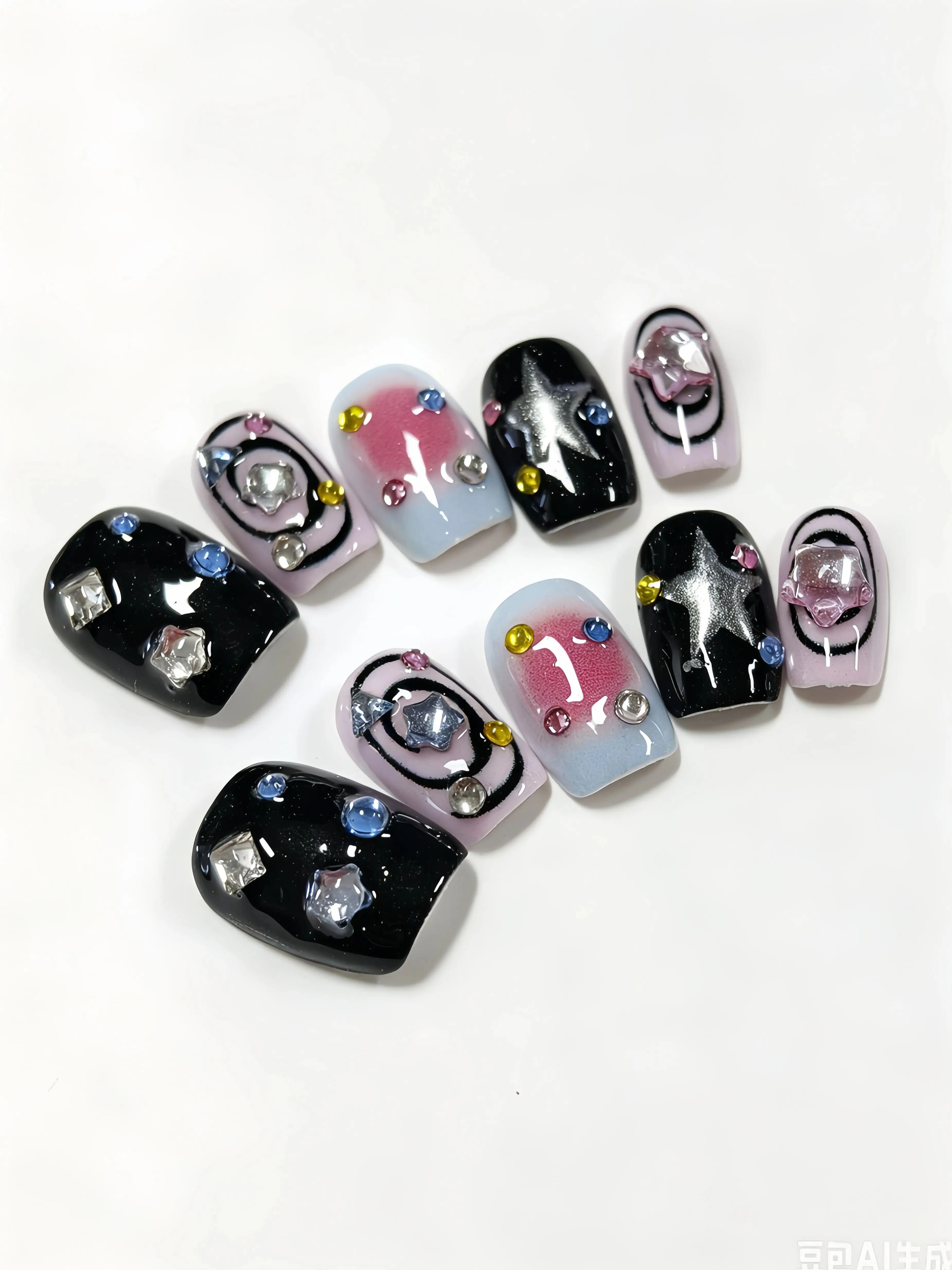 10-Degree Short Square-Round Nails, Pink-Blue Gradient Transparent Nebula Multi-Color Transparent Rhinestone Nail Tips, Niche Girly Style Versatile Fake Nails for School, Y2K Starry Sky Style Festival Atmosphere Fake Nail Tips