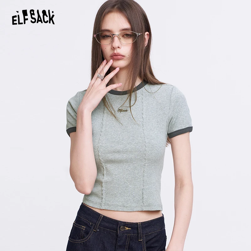 

ELFSACK Women's Grey Slim Fit Crop Top with Metal Logo, Vintage Ringer T-Shirt for Summer, Chic Aesthetic Short Sleeve Tee
