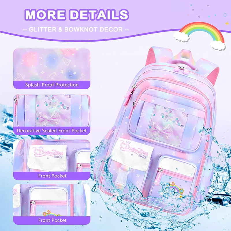 Girls School Backpack with Lunch Bag Candy Color Kids School Book Bag for Primary Students Full Size Travel Bag