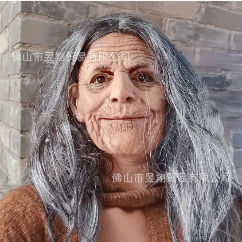 2025 ホラー ハロウィン ロングヘア魔女マスク - 老婦人ヘッドピース お化け屋敷 エスケープルーム、不気味なシーンコスチューム小道具