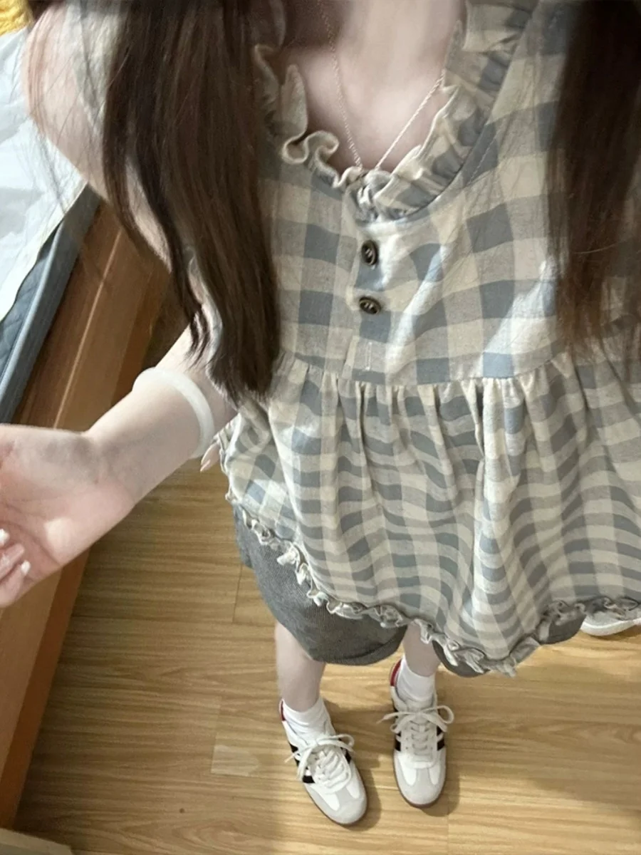 Sweet Sle ジェントルチェック柄スウェットベストトップ女性夏エレシック木製襟レイヤリングドール irt カジュアルルーズフィット