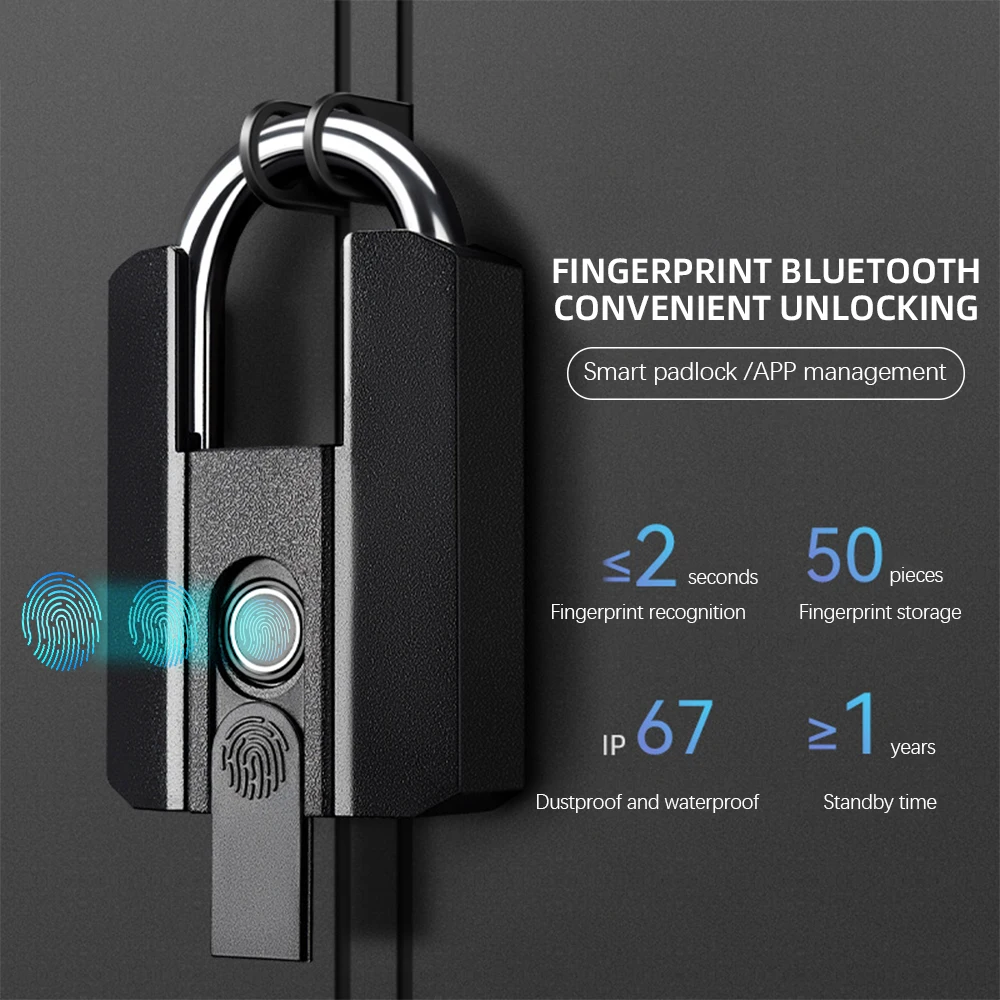 Fingerprint Lock with Key Backup USB Rechargeable Key BT TTLock APP Fingerprint Unlock Keyless Waterproof Fingerprint Padlock