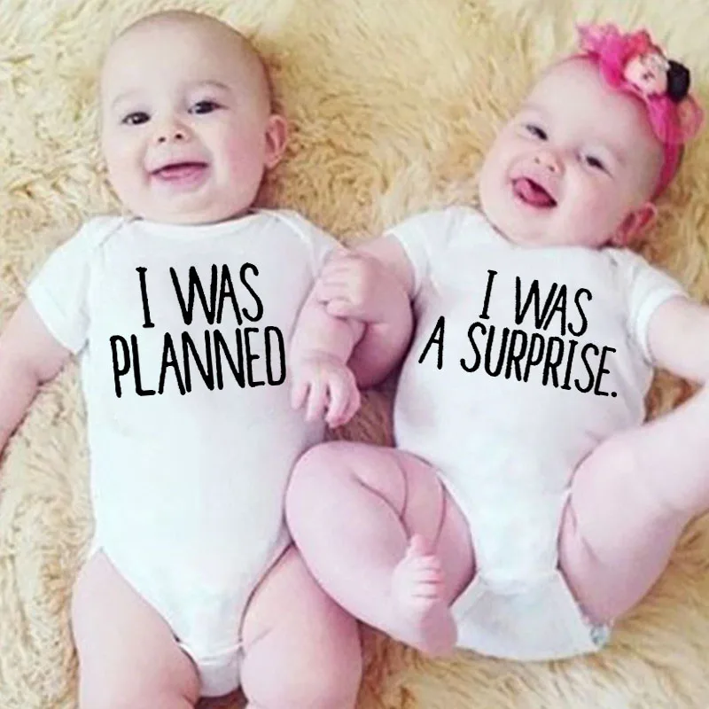 Twins Baby Bodysuit I Was Planned and I Was A Surprise Newborn Toddler Jumpsuit Boys Girls Funny Baby Outfits Infant Shower Gift