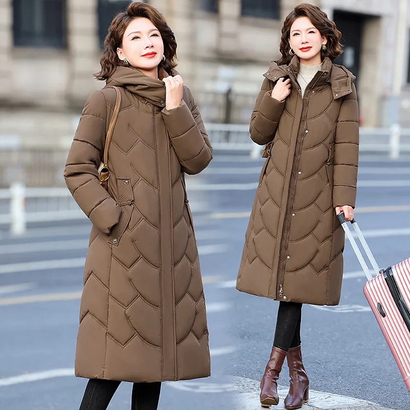 Women Longline Hooded Puffer Coat Wave Quilted Padded Jacket Zip Up Thickened Parka Thermal Insulated Windproof Winter Outerwear