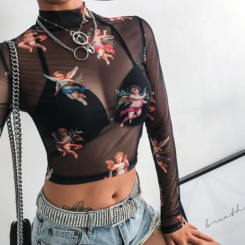 

Women Summer Hollow Out Sheer Mesh Net Short Sleeve Crop Top Funny Colored Angel Cupid Printed Turtleneck T-Shirt Streetwear