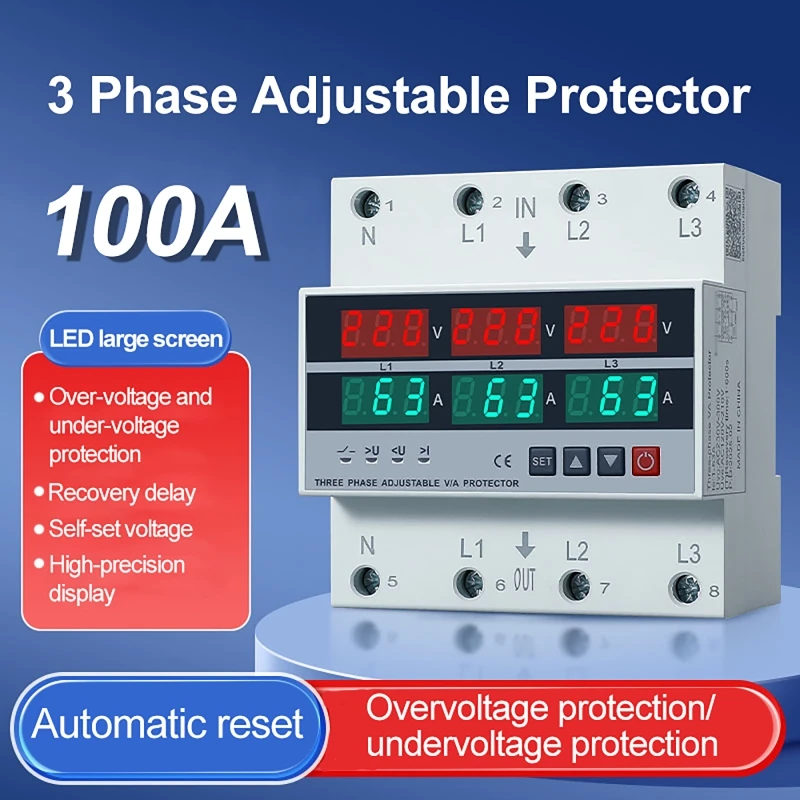 3 Phase Adjustable Over and Under Voltage Protector Overcurrent Protection Din rail Voltmeter Ammeter Relays Protector 63A/100A
