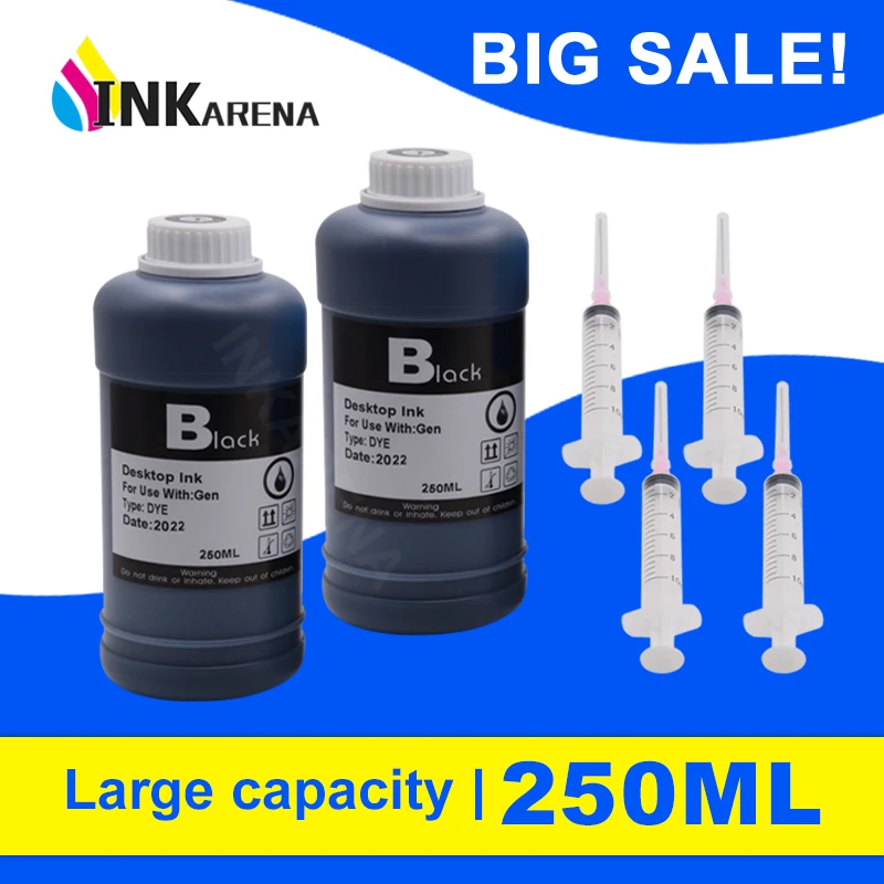 250ml Black Refilled Dye Universal Ink Kit Compatible for HP Canon Epson Brother Deskjet Printers Tank Ink Cartridges CISS Ink