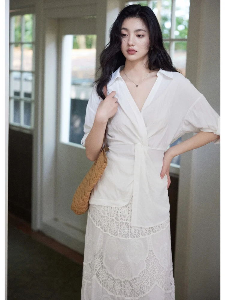 

Женская повседневная рубашка Ele White с V-образным вырезом, защитой от солнца, из нейлона и вискозы, с рукавом три четверти, на пуговицах