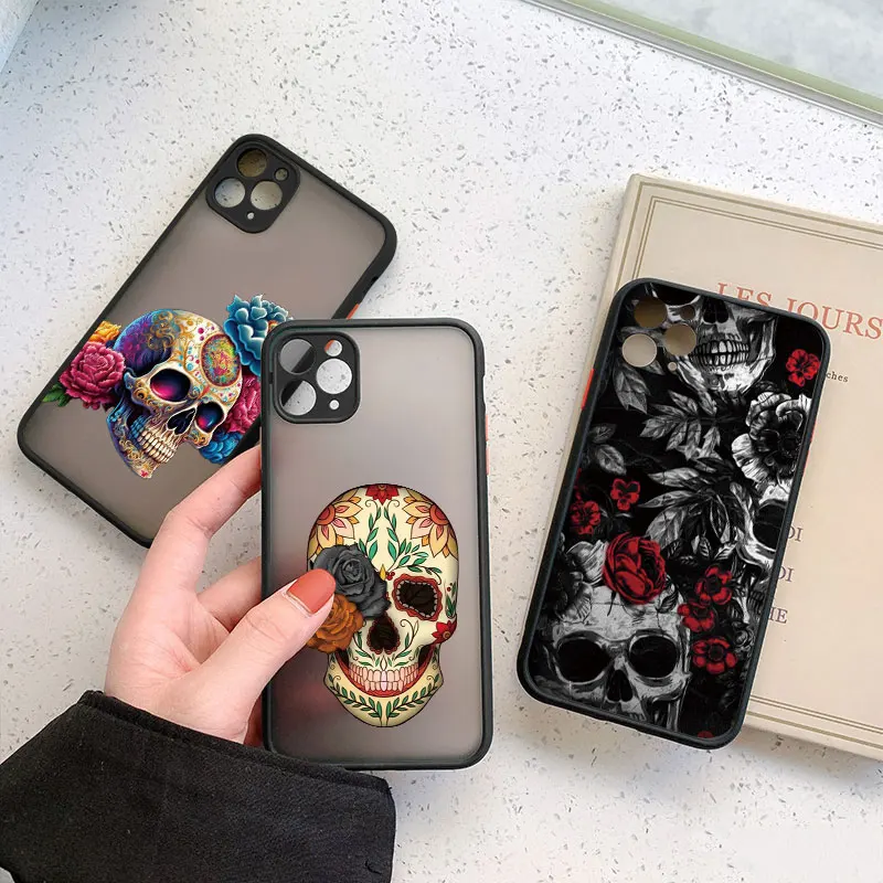 Skeleton Skull Flowers Pattern Phone Case For iPhone 11 14 12 13 15 16 Pro MAX Mini XR X XS 7 8 Plus SE2 Shockproof Back Covers