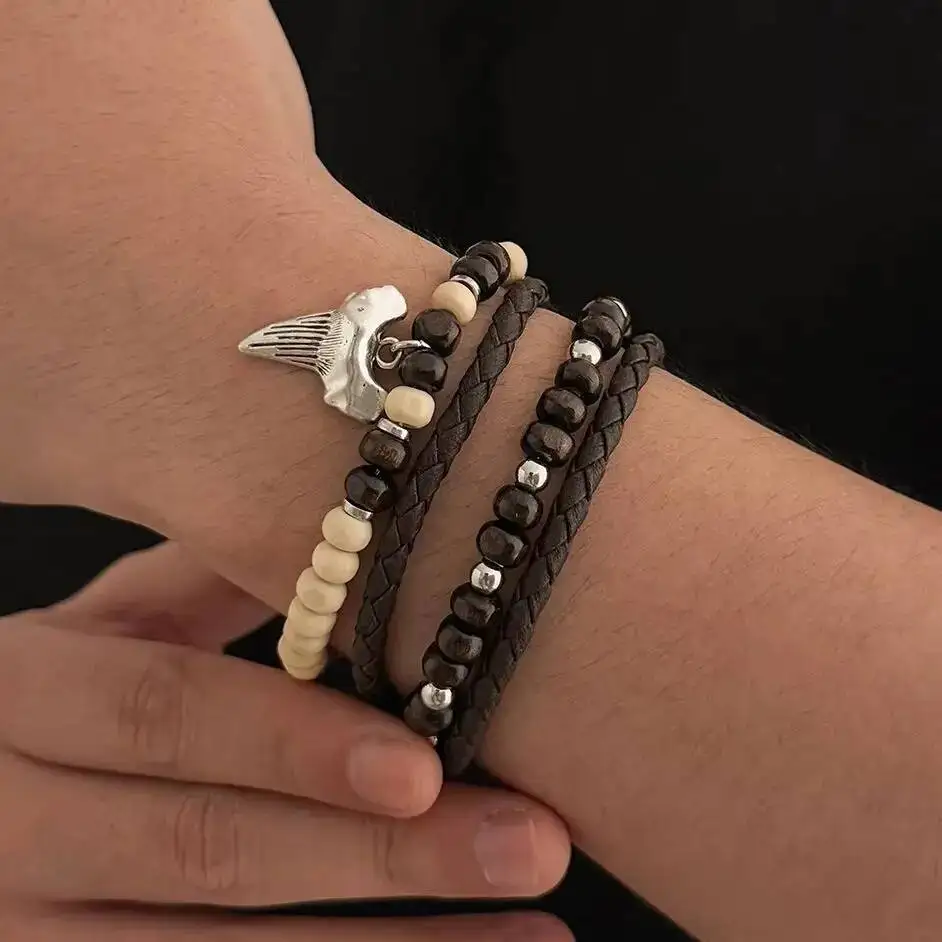 

Ingemark 4Pcs/Set Ethnic Style Multi-layer Leather Bracelets for Men Vintage Adjustable Stackable Wood Beads Bangle Jewelry New